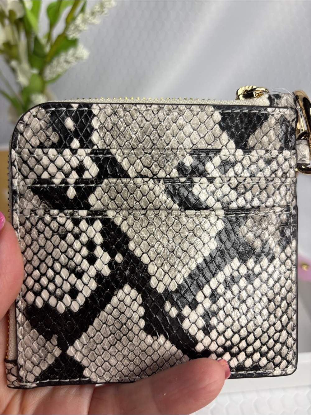 Michael Kors Metallic Snake-Print Zip Card Case with Gold Chain - Picture 3 of 8
